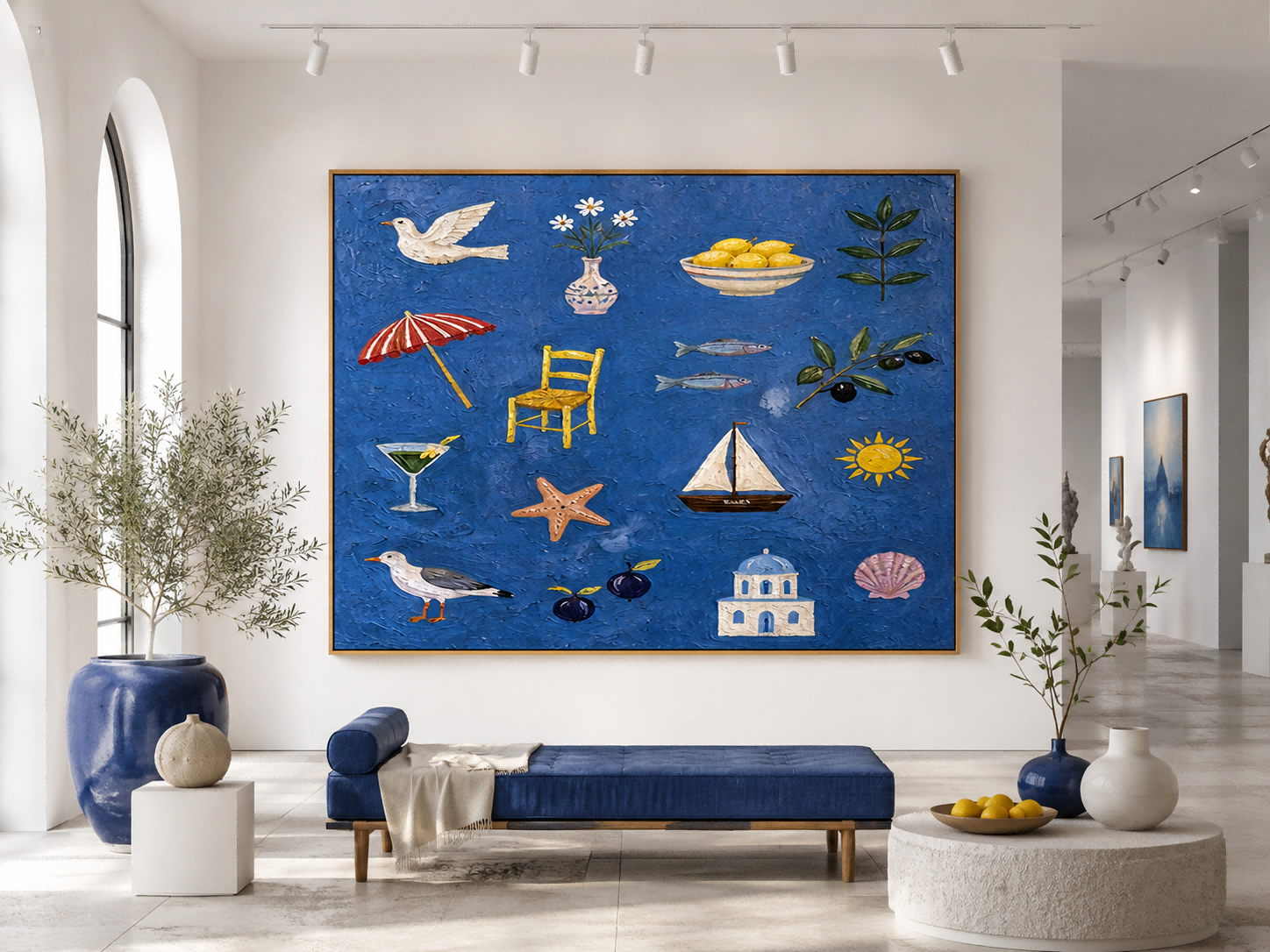 Mediterranean Folk Art Painting With Sea And Lemons For Coastal Home Decor