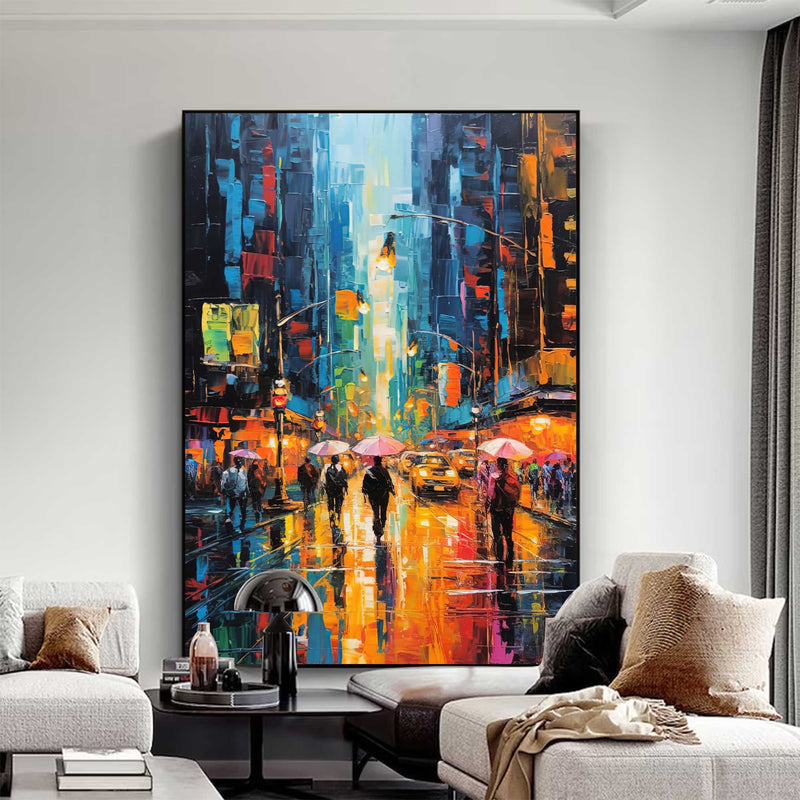 Original Urban Rain Scene oil Painting On Canvas Modern Wall Art Abstract Cityscape Painting Living room Wall Decor
