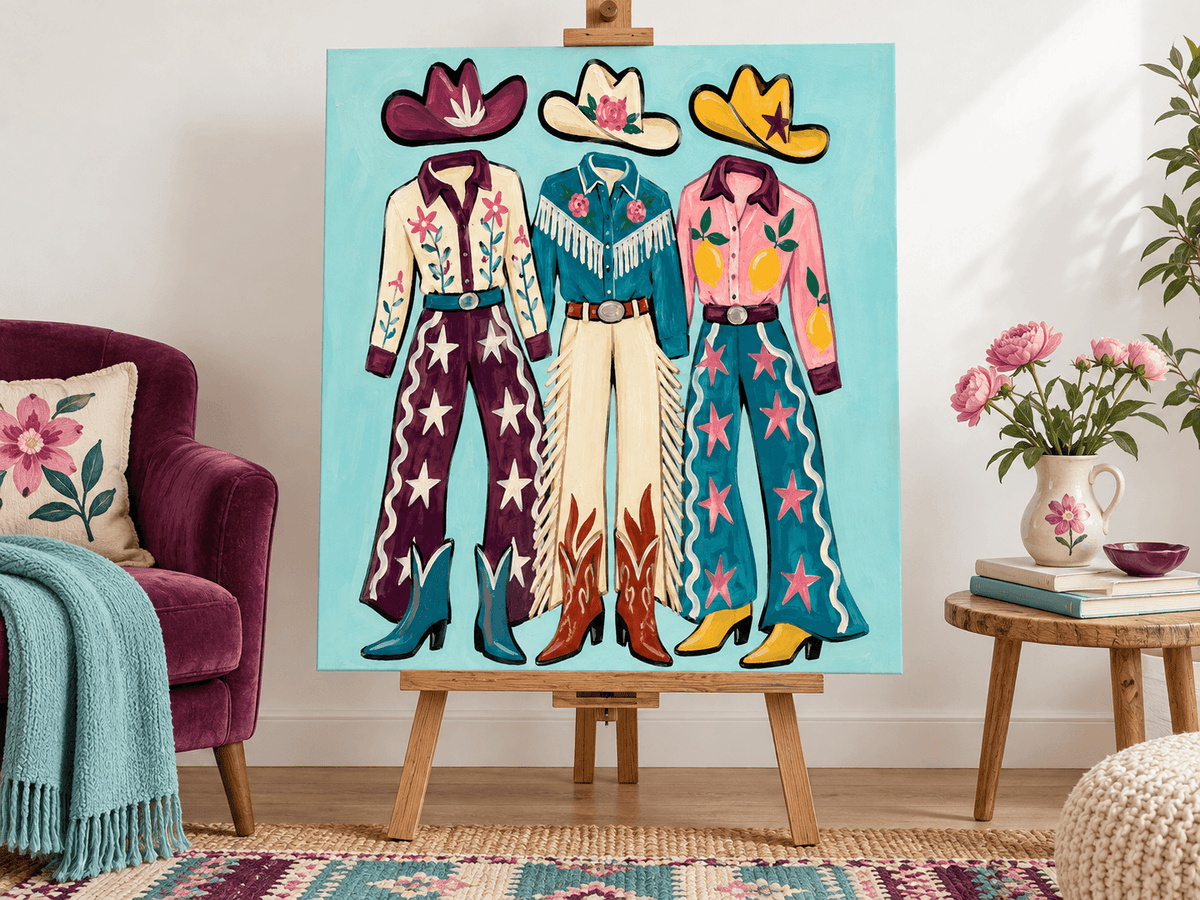 Colorful Cowgirl Outfits With Hats And Boots Canvas Painting