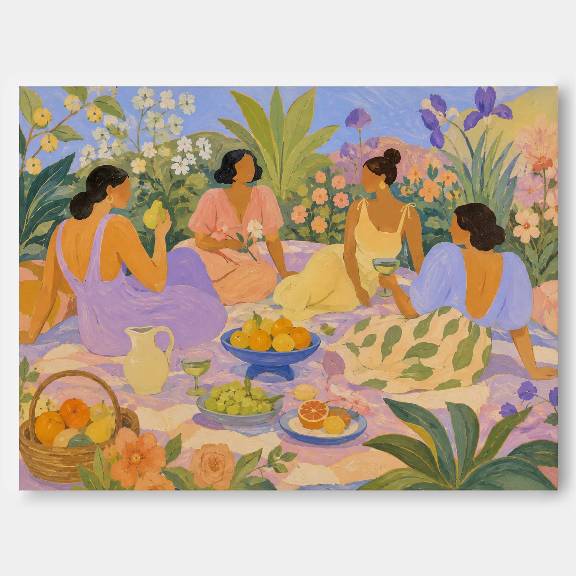 Women Picnic In Fantasy Garden Art Deco Canvas Painting With Fruit And Flowers