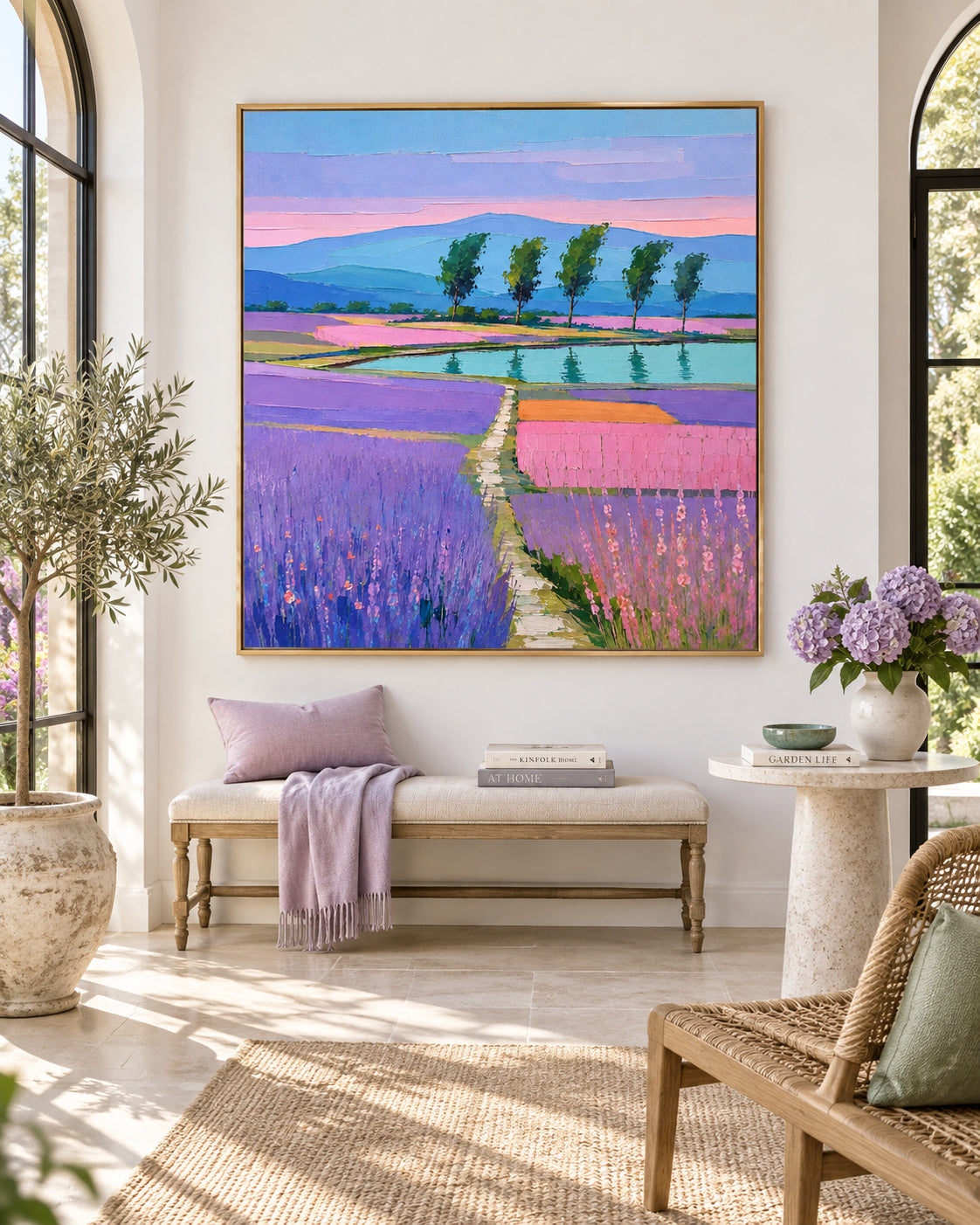 Hand-Painted Lavender Landscape Canvas Art With Lake And Trees In Purple Pink Tones
