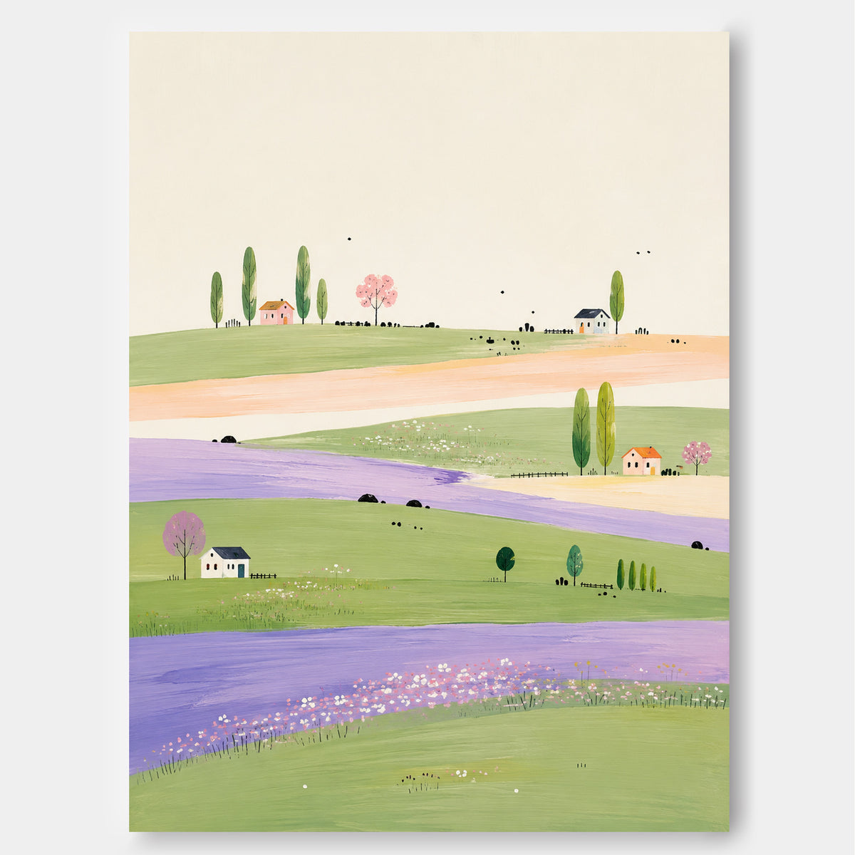 Whimsical Lavender Field Landscape Hand-Painted Canvas Art With Green Hills