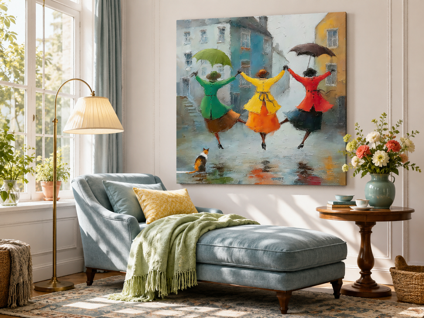 Joyful Friendship Canvas Art Depicting Women Dancing In Rainy City Street