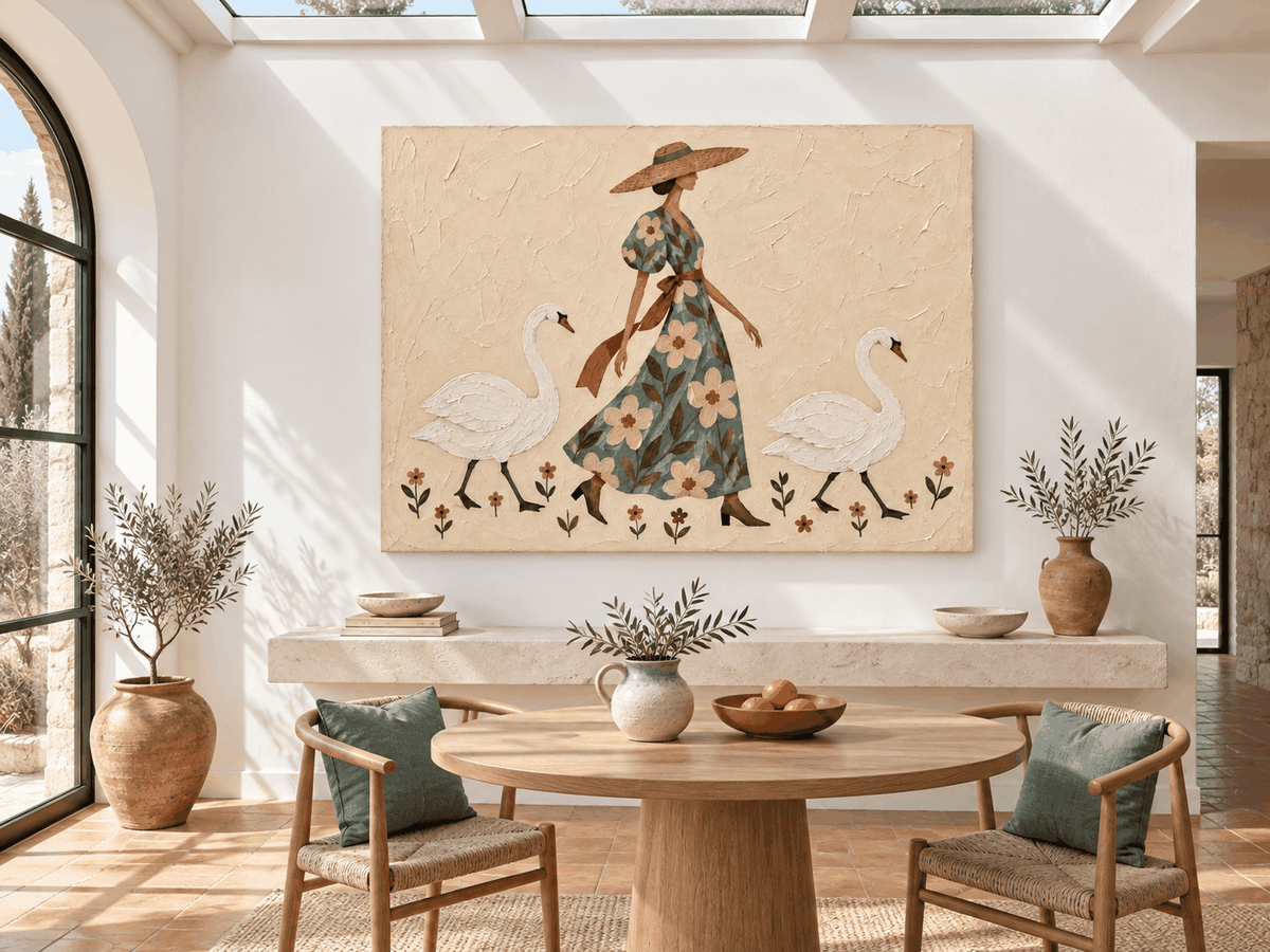 Lady With Swans Hand-Painted Canvas Art In Sage Green And Beige
