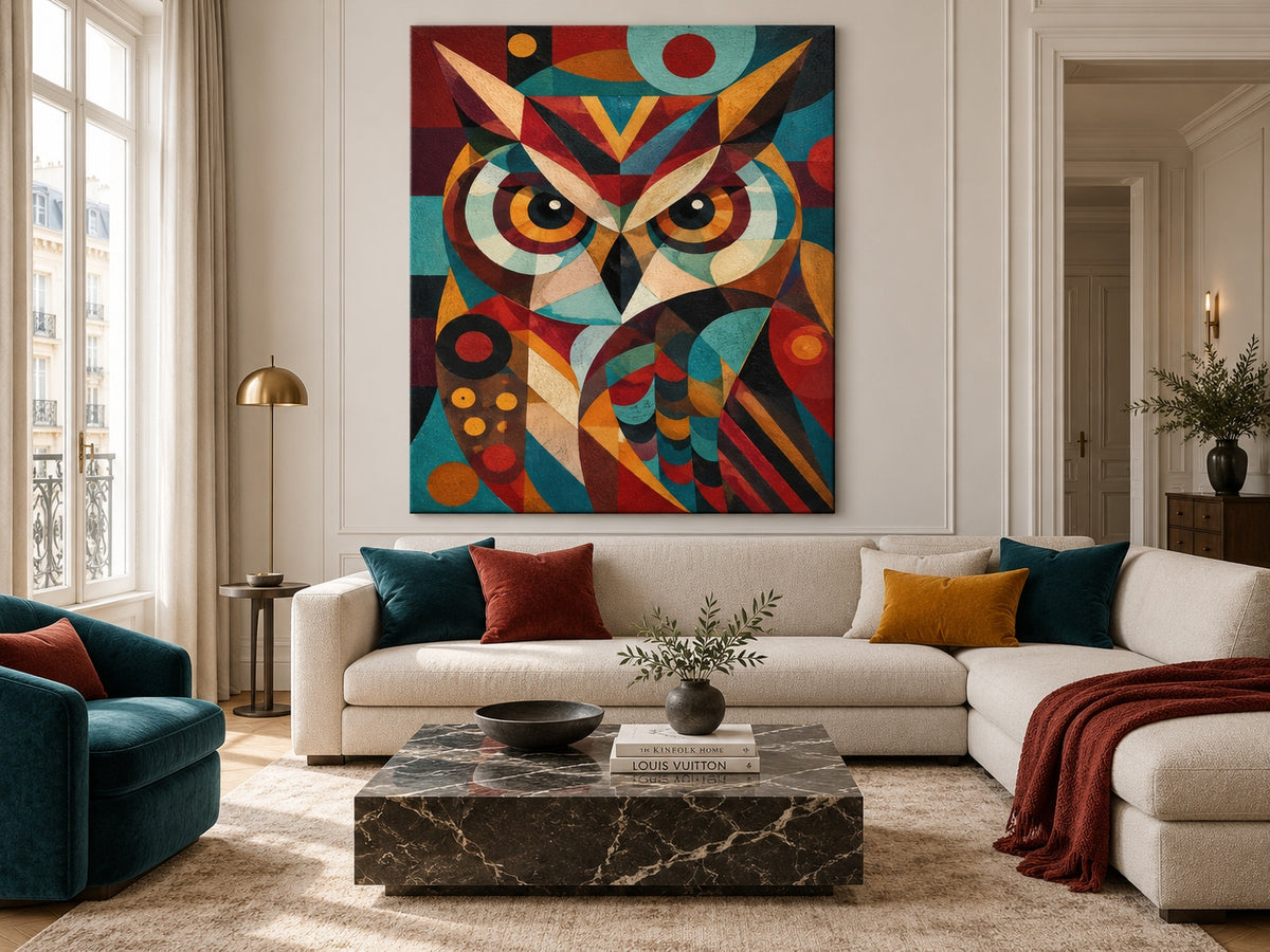 Vintage Cubism Inspired Owl Painting With Textured Geometric Patterns