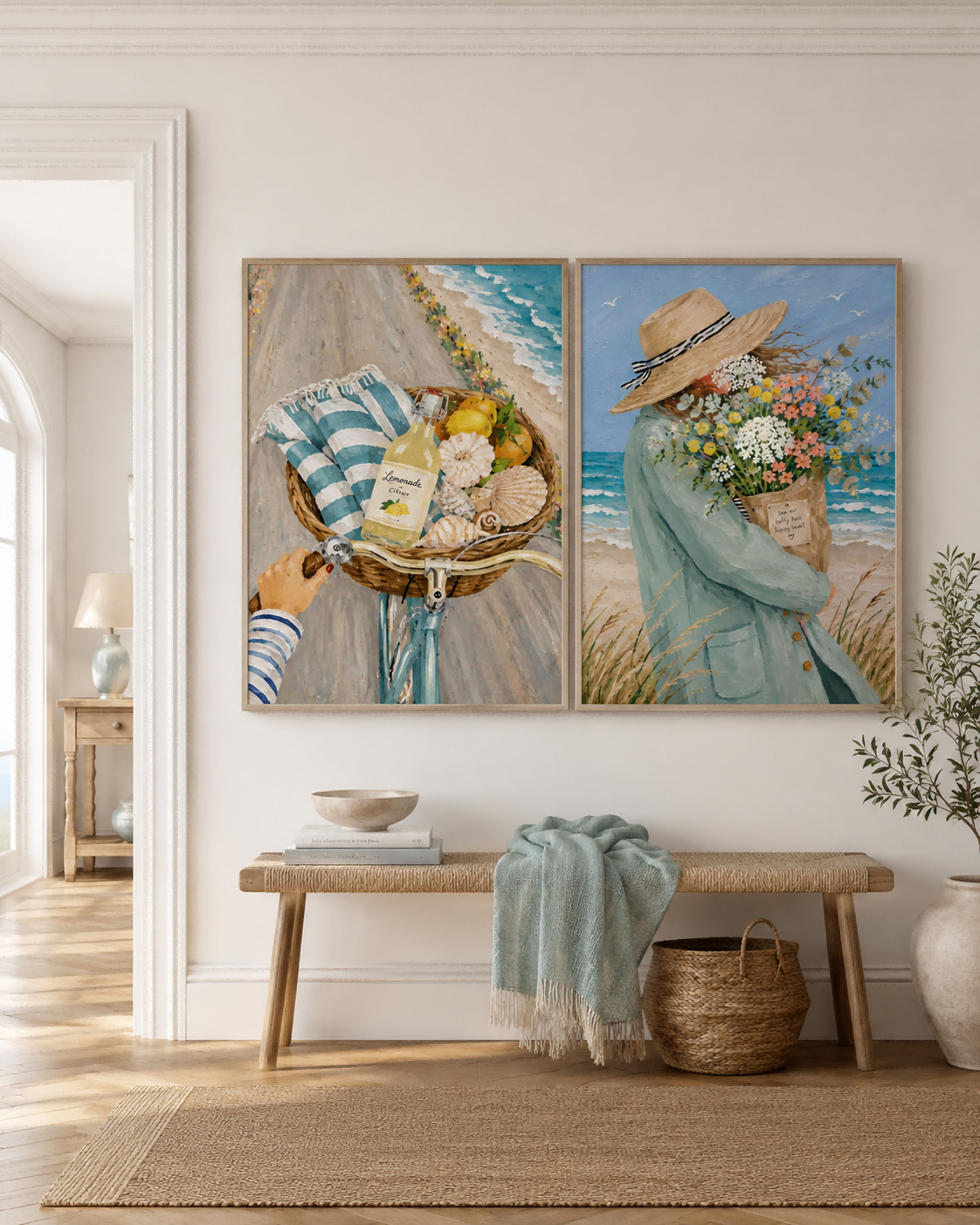 Seaside Bicycle And Flower Girl Hand-Painted Diptych Canvas Art With Blue Ocean
