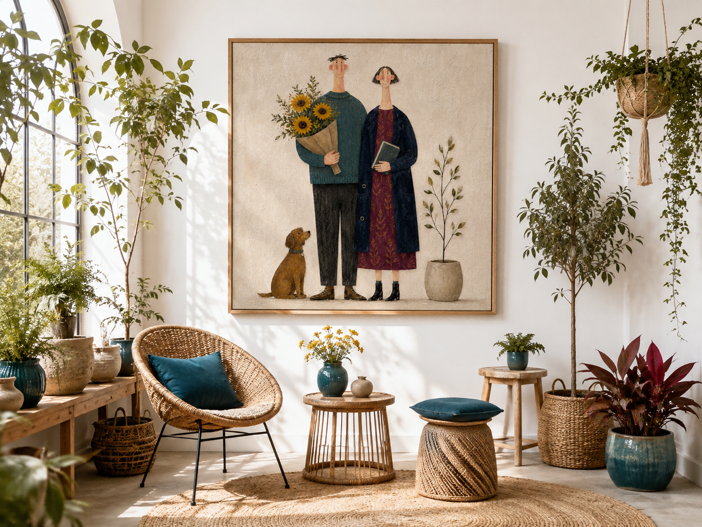 Square Organic Modern Art Featuring Couple And Pet In Earthy Colors Ideal For Bedroom Or Reading Nook Decoration