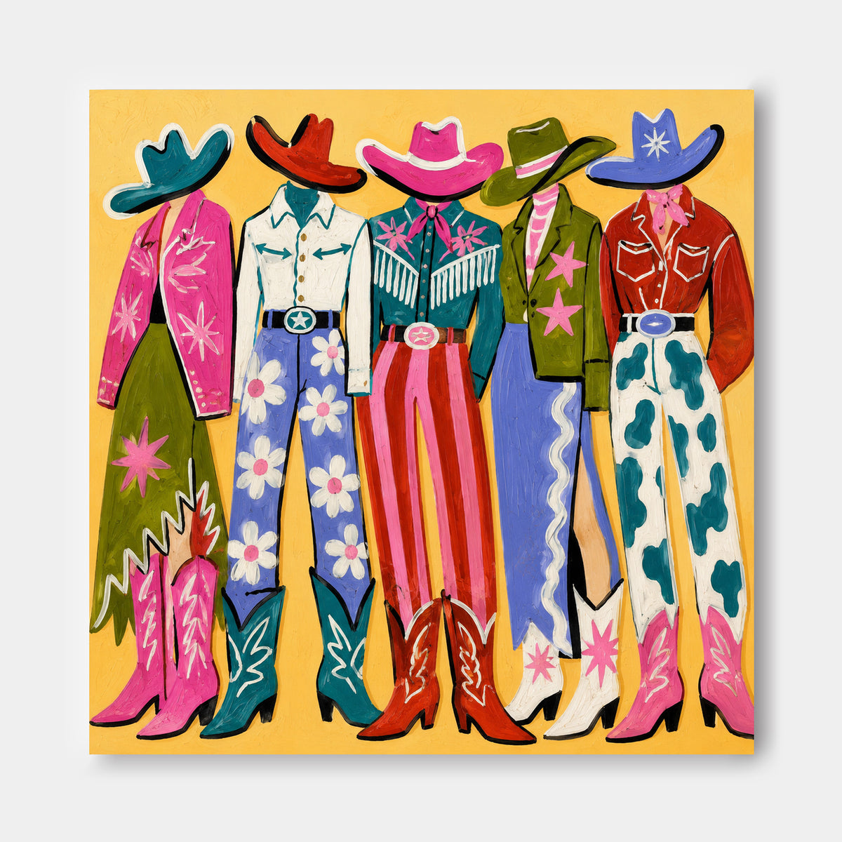 Pop Art Style Cowboy Painting Colorful Retro Fashion Illustration On Canvas