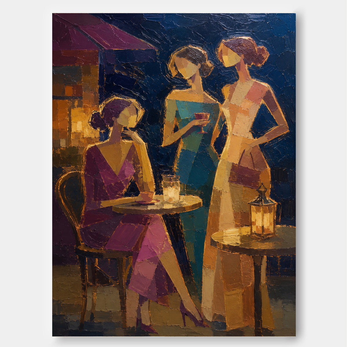 Vintage Women At Night Bar Hand-Painted Canvas Art In Blue And Gold
