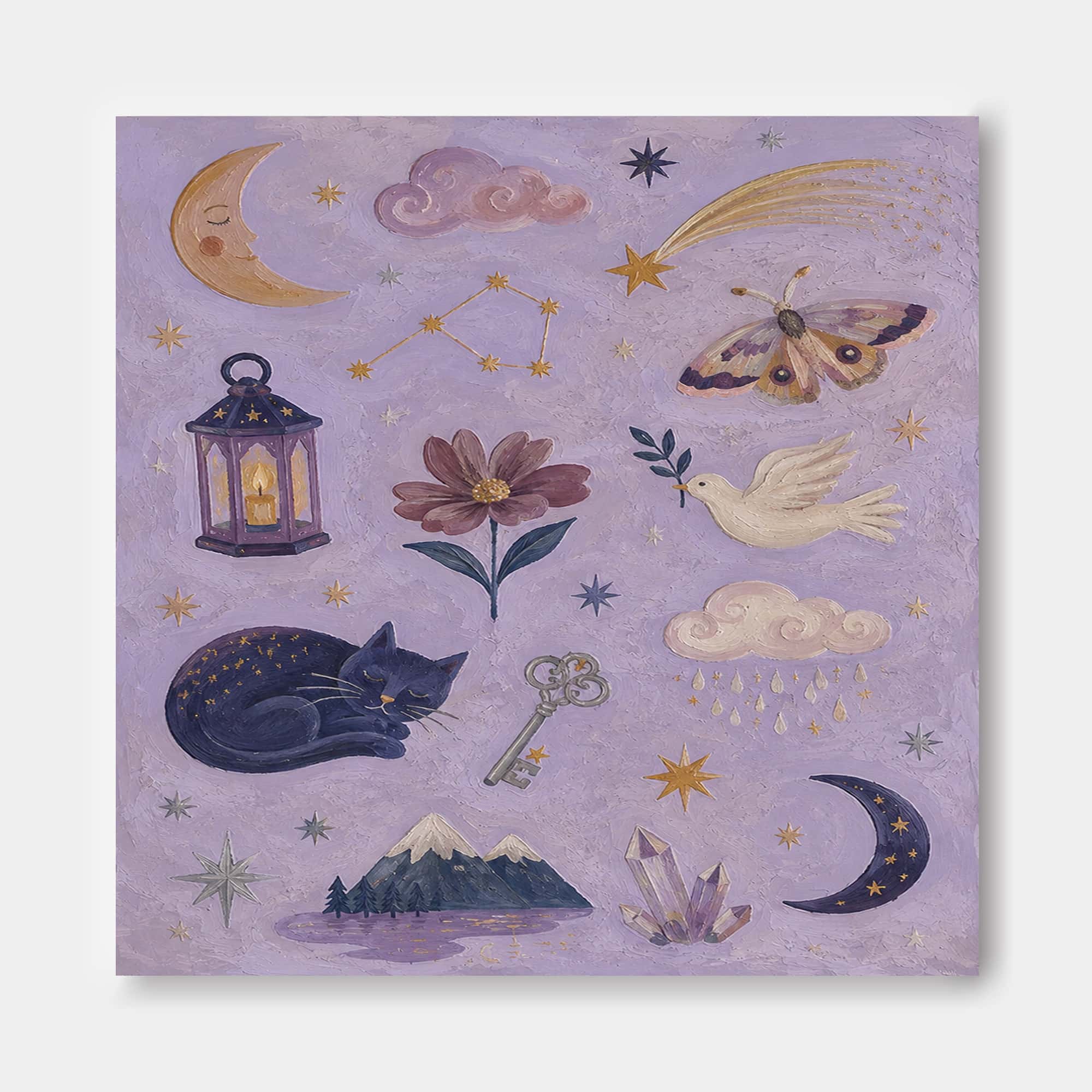 Magical Realism Bohemian Art With Cat And Moon For Bedroom Decor
