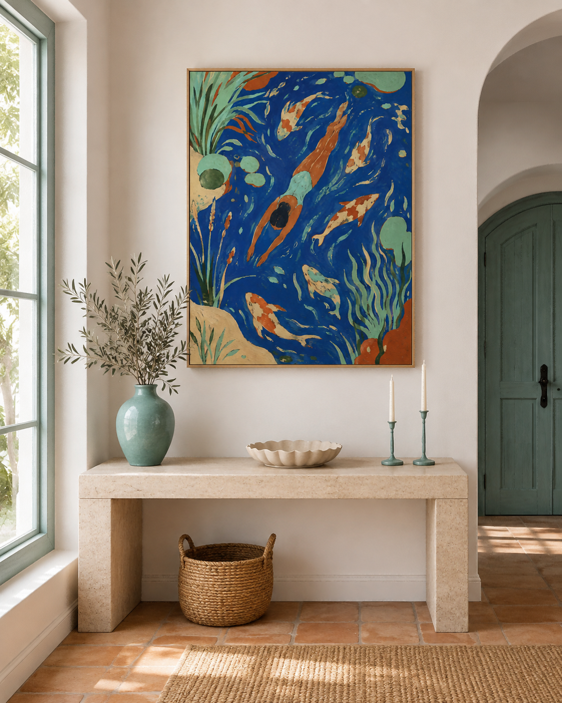 Art Deco Style Swimming Scene Original Canvas Painting With Fish