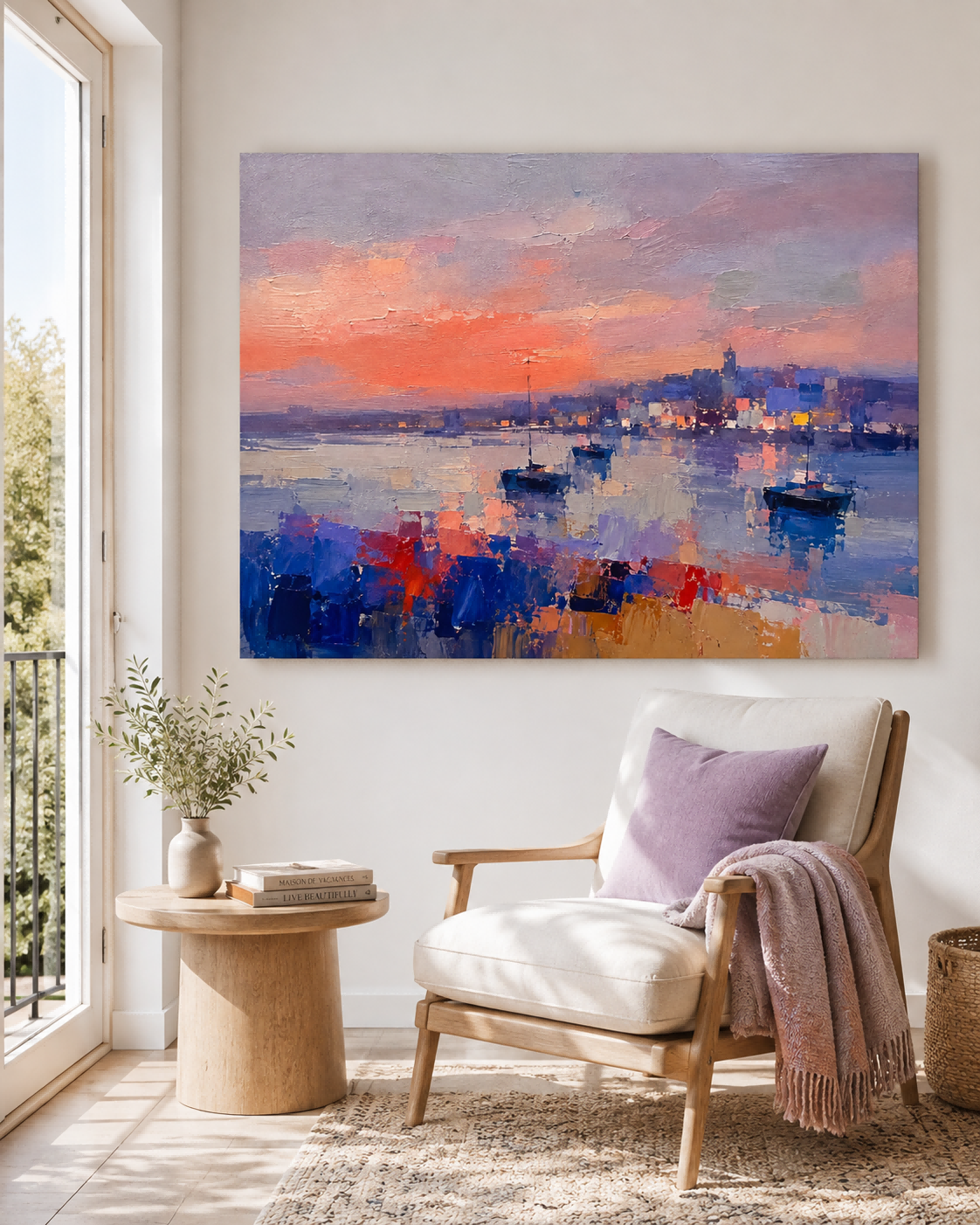 Modern Abstract Impasto Oil Painting Warm Sunset Harbor Scene Art