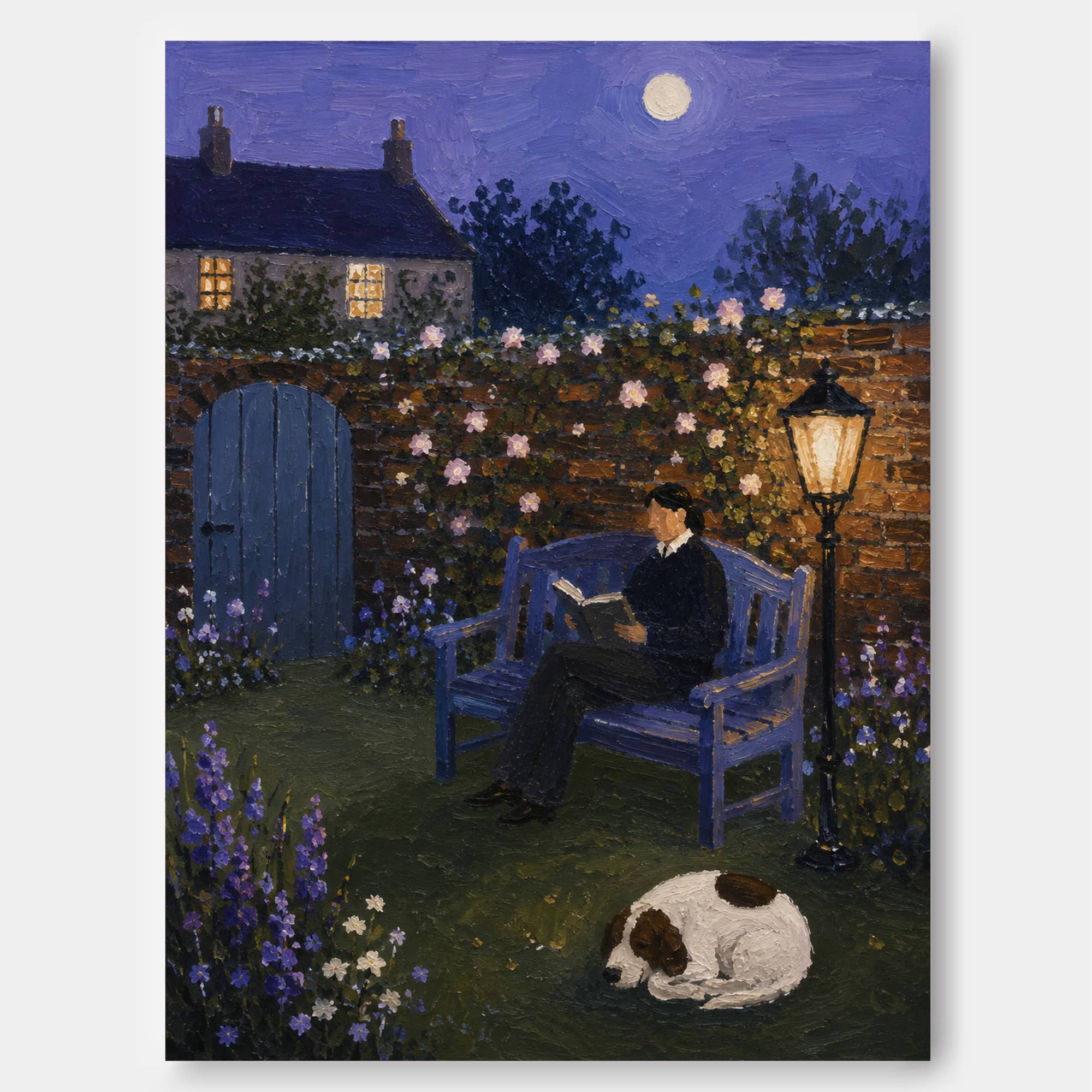 Moonlit Garden Reader With Sleeping Dog Hand-Painted Canvas Art