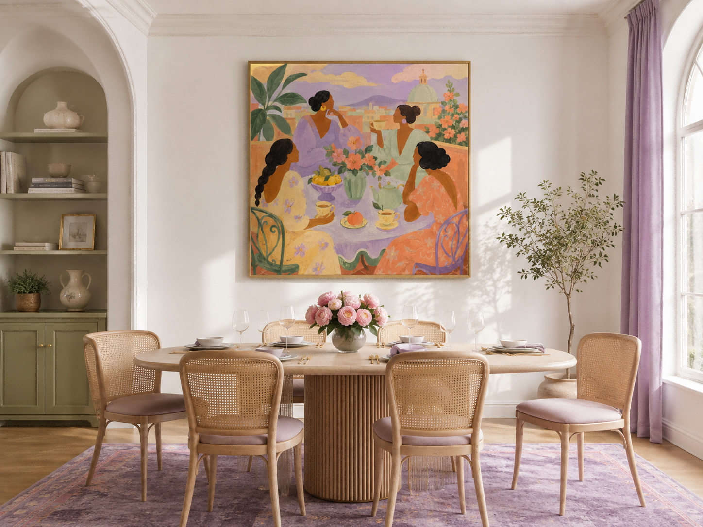 Art Deco Inspired Dreamy Female Gathering Original Canvas Art With Floral Details