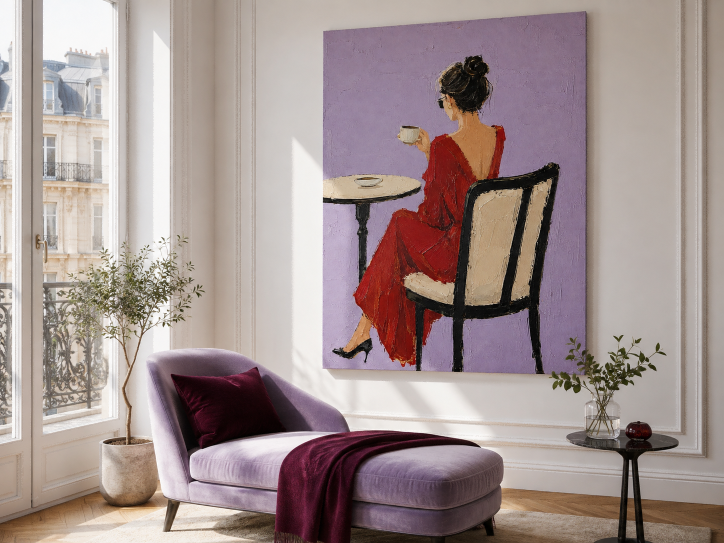 Elegant Red Dress Woman Painting Minimalist Purple Background Impasto Oil Art For Living Room Decor