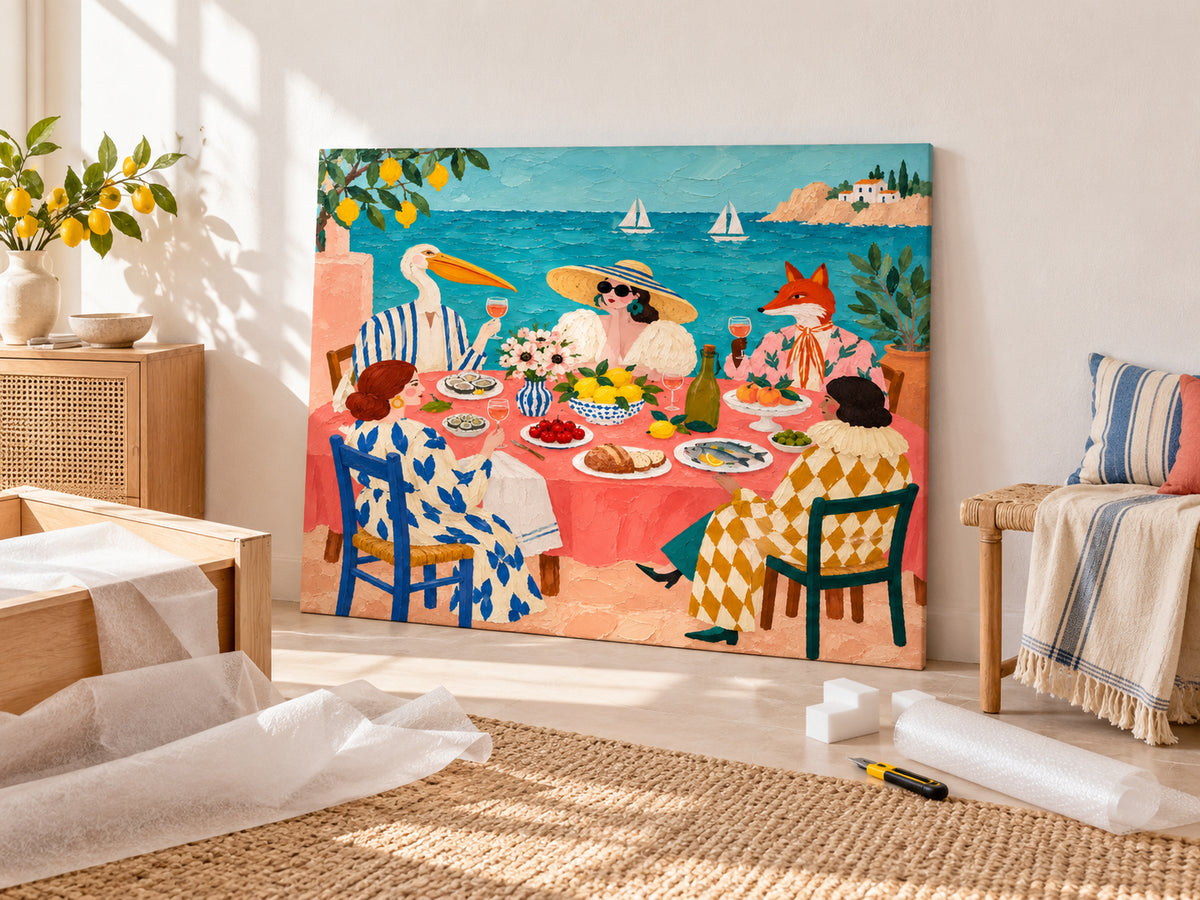 Vintage Surrealism Canvas Painting Bright Impasto Texture Art Mediterranean Dining Room Wall Art Colorful Ocean View Painting