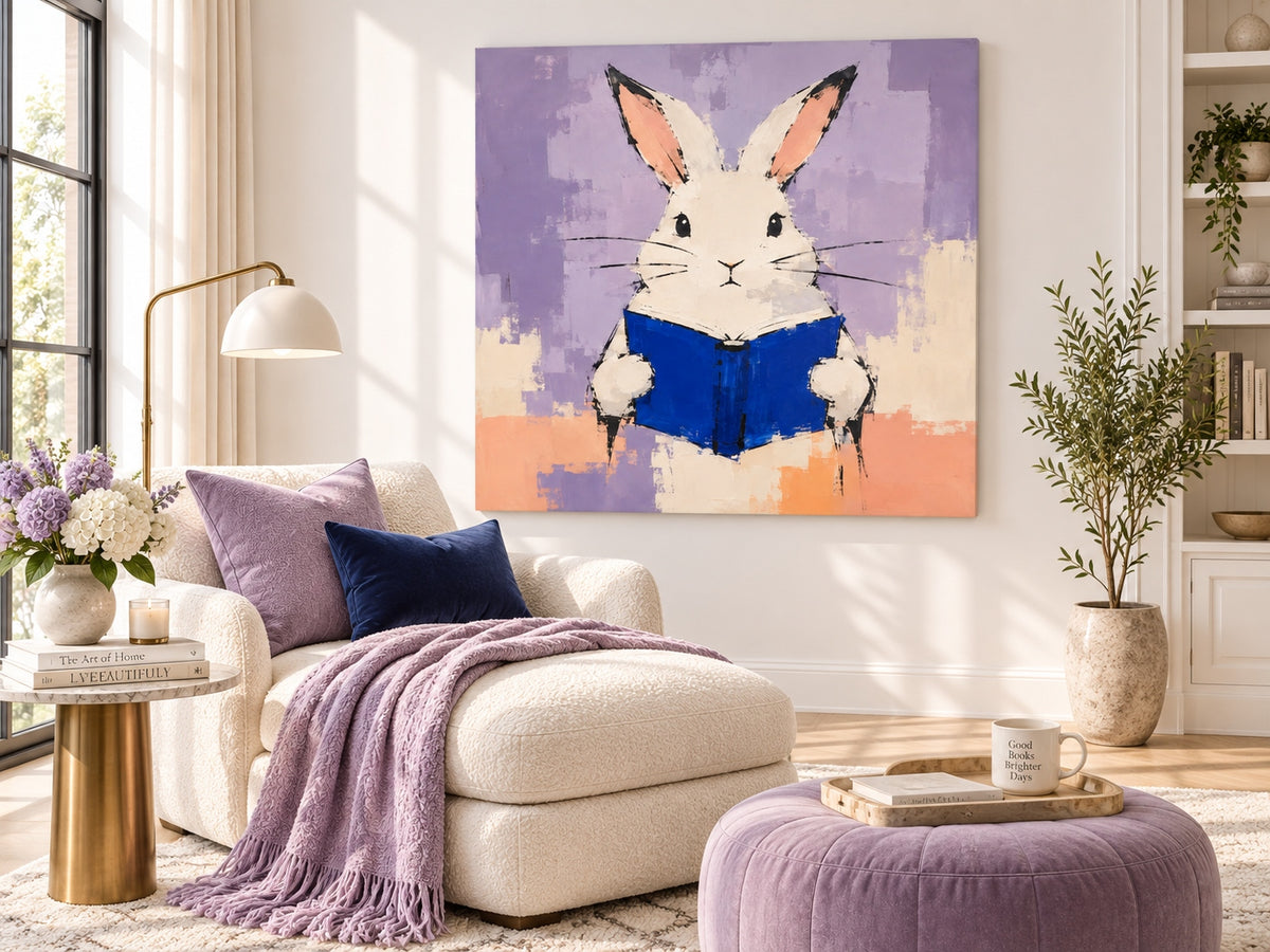 Textured Minimalist Canvas Painting Of Bunny With Book In Modern Style