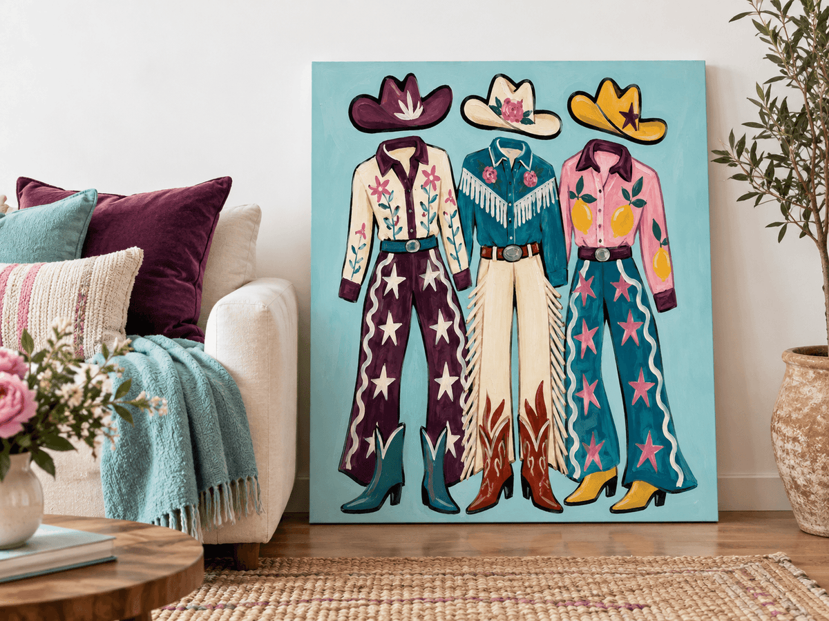 Colorful Cowgirl Outfits With Hats And Boots Canvas Painting