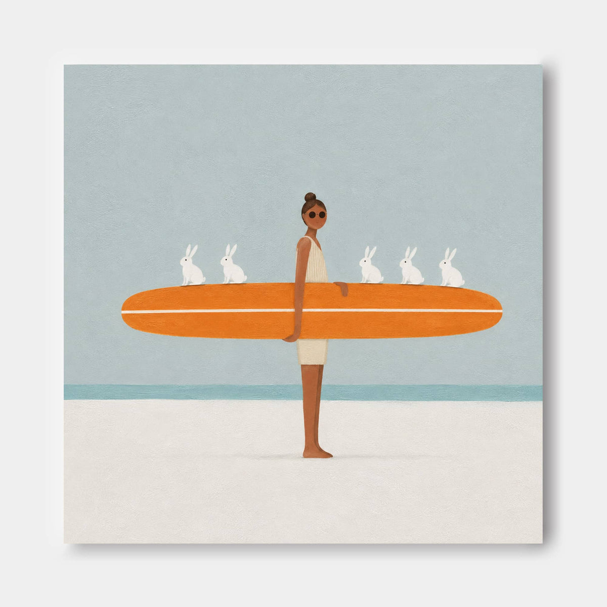 Hand-Painted Surfboard And Bunnies Abstract Canvas Art With Orange Accents