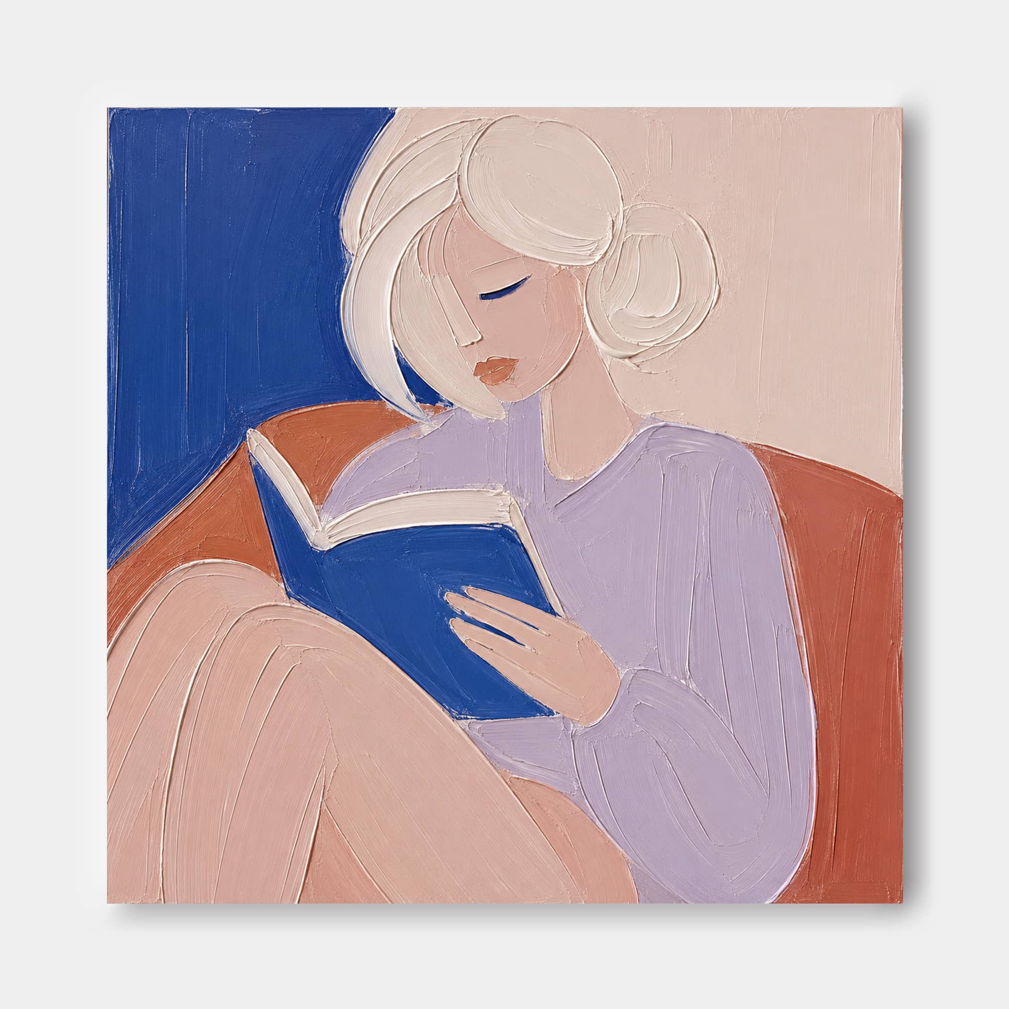 Modern Minimalist Abstract Art Painting Of Woman Reading In Blue And Purple Tones For Living Room Decor