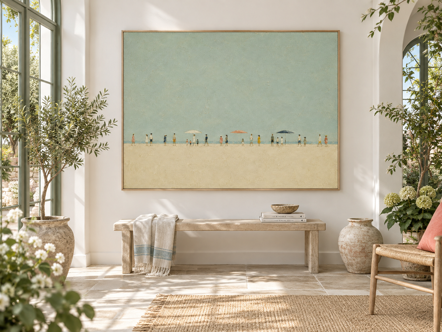 Hand-Painted Beach Scene With Figures And Umbrellas In Sage Green