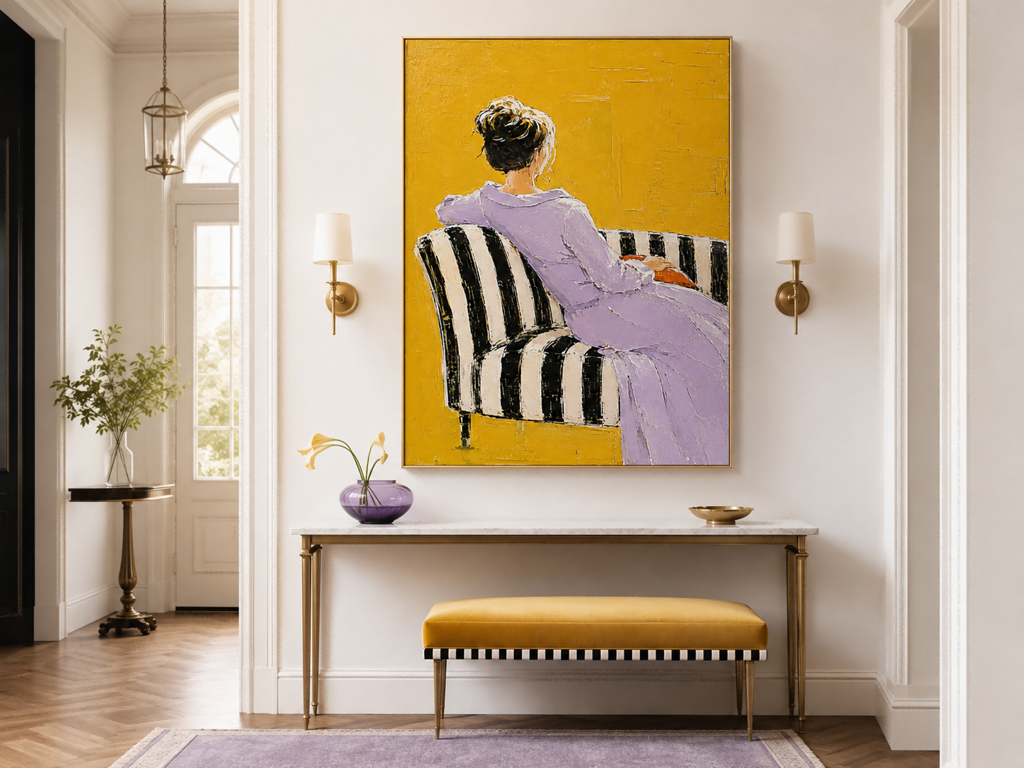Handmade Impasto Oil Painting Of Seated Woman On Striped Sofa With Expressive Brushstrokes For Modern Home