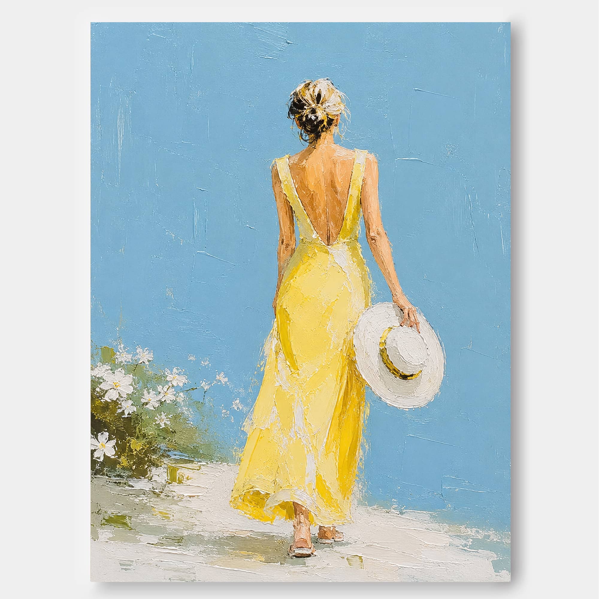 Minimalist Impasto Oil Painting Of Lady Back View With Hat And Flowers Modern Wall Art For Bedroom Or Lounge