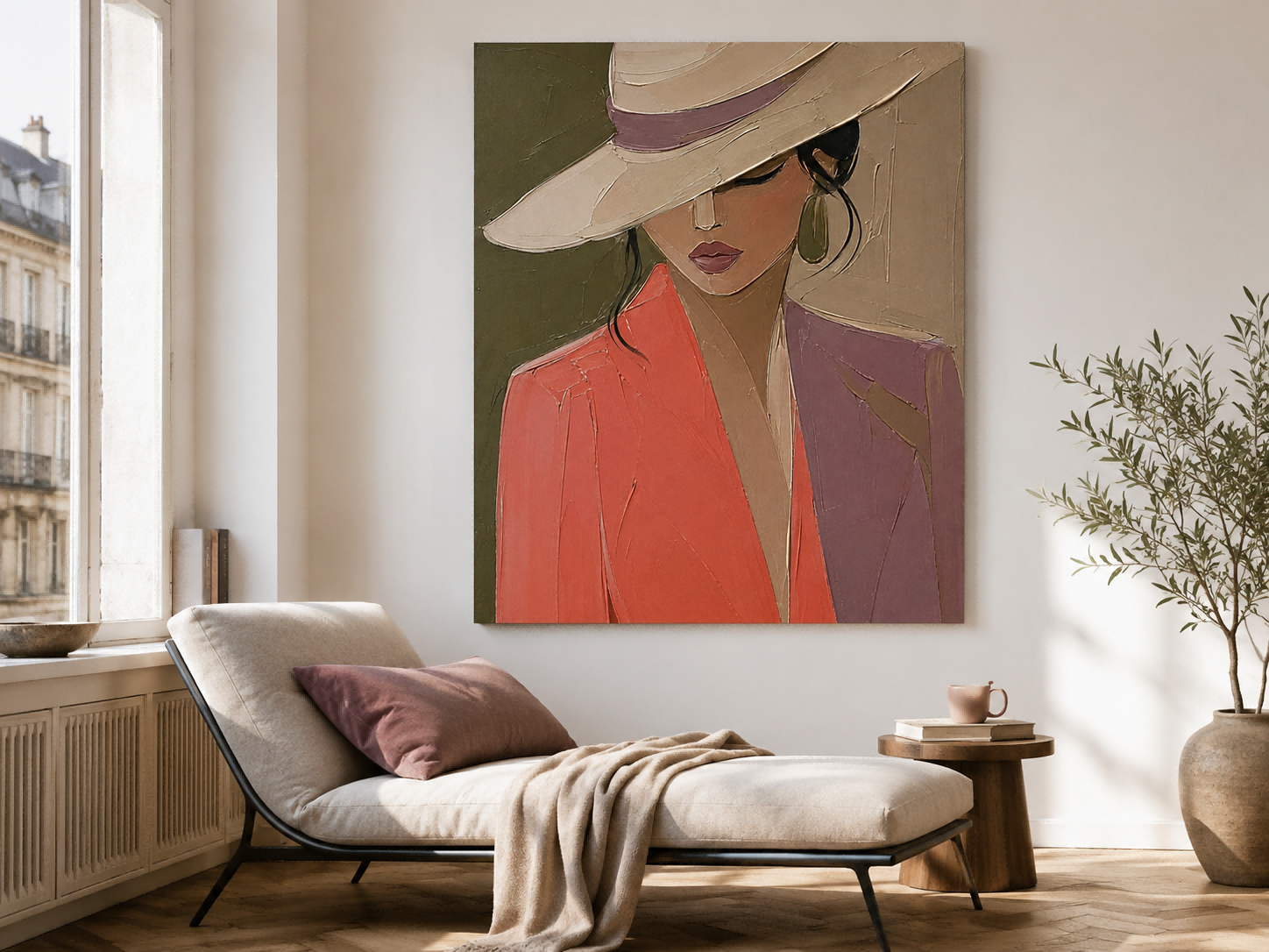 Modern Abstract Woman Portrait Painting With Hat Impasto Texture Square Canvas Art For Living Room