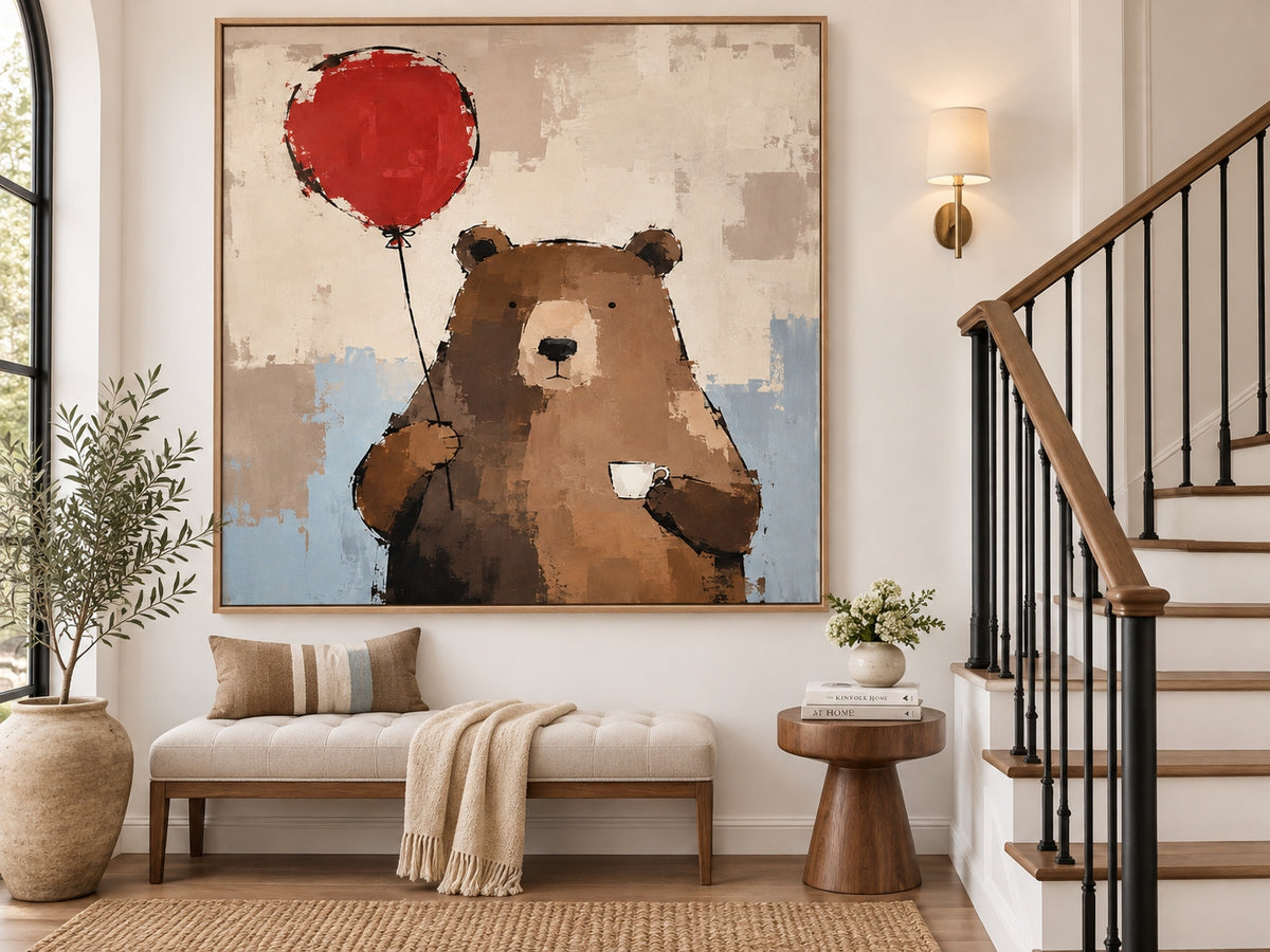 Hand-Painted Minimalist Brown Bear With Red Balloon Canvas Art