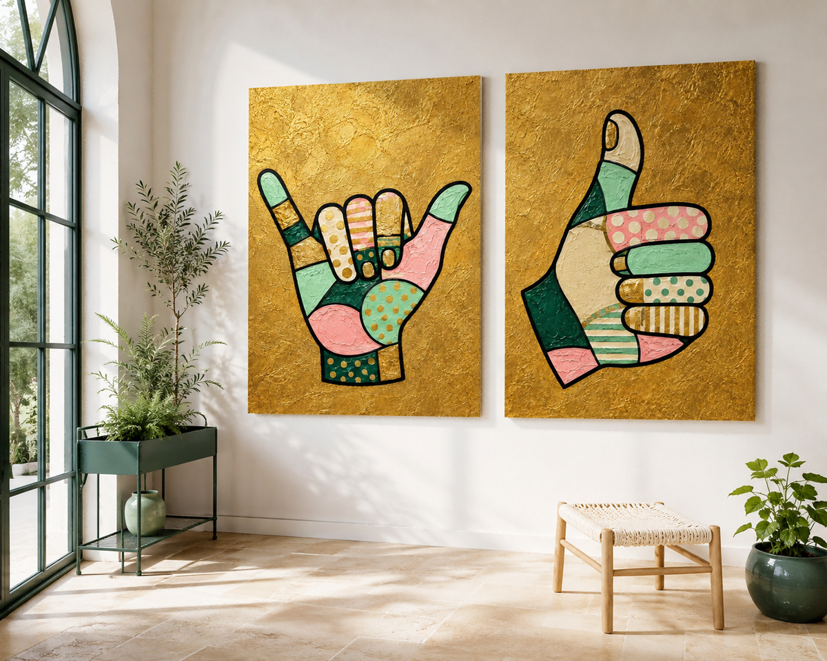 Hand-Painted Shaka And Thumbs Up Canvas Art Set With Gold Background
