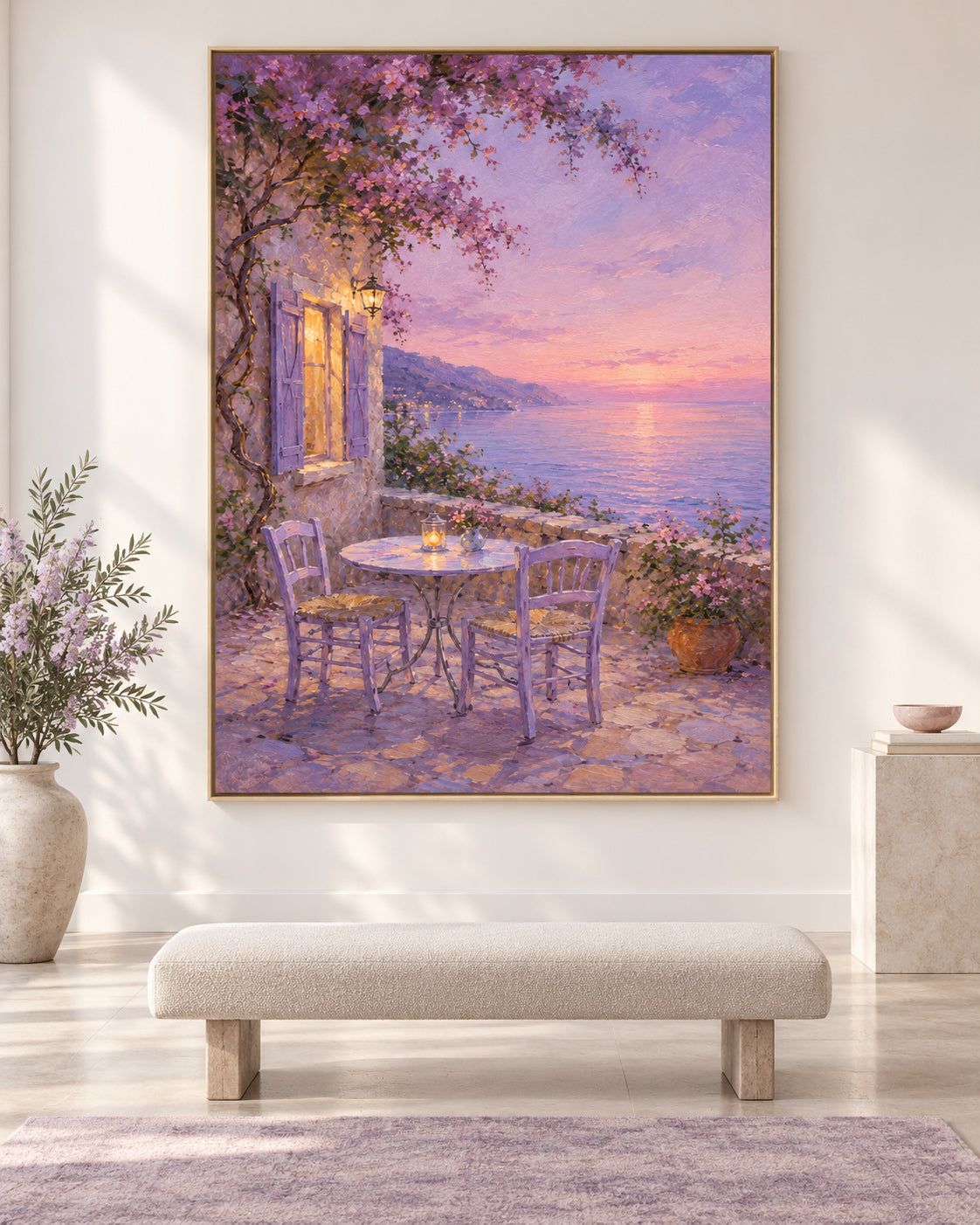 Modern Impressionist Oil Painting Of Dreamy Pink Purple Twilight Seascape