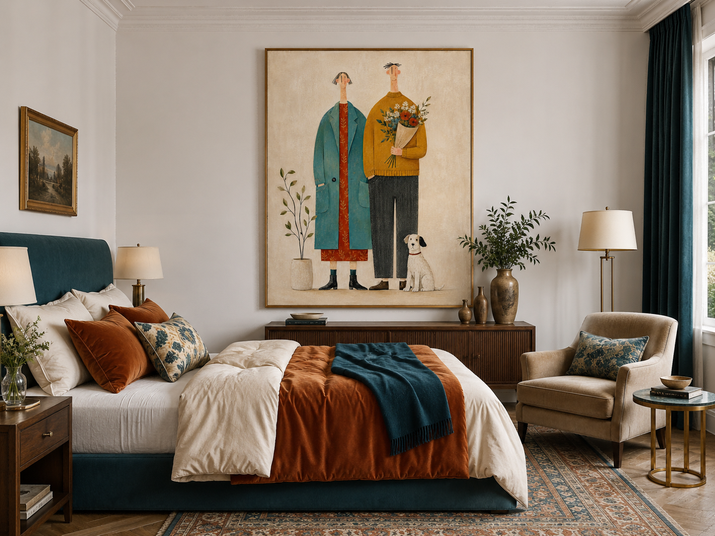 Charming Naive Art Couple Portrait With Dog For Modern Vintage Home Decor