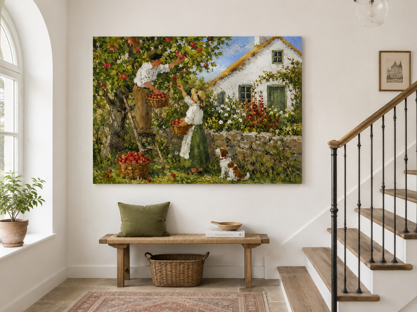 Pastoral Oil Painting Style Canvas Art Of Apple Orchard Harvest With Stone Wall And Flower Garden