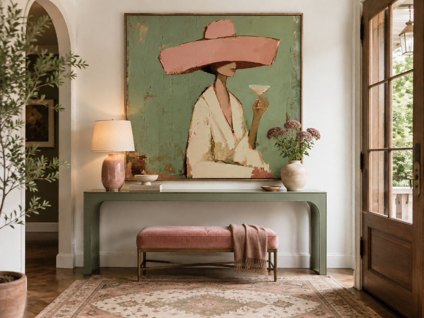 Vintage Minimalist Woman Painting With Pink Hat Green Background For Living Room Decor