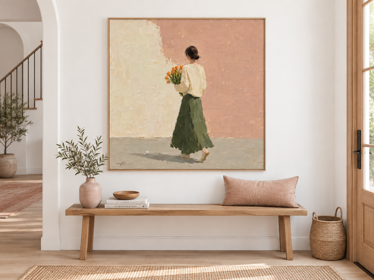 Woman With Orange Tulips Hand-Painted Canvas Art In Beige And Pink