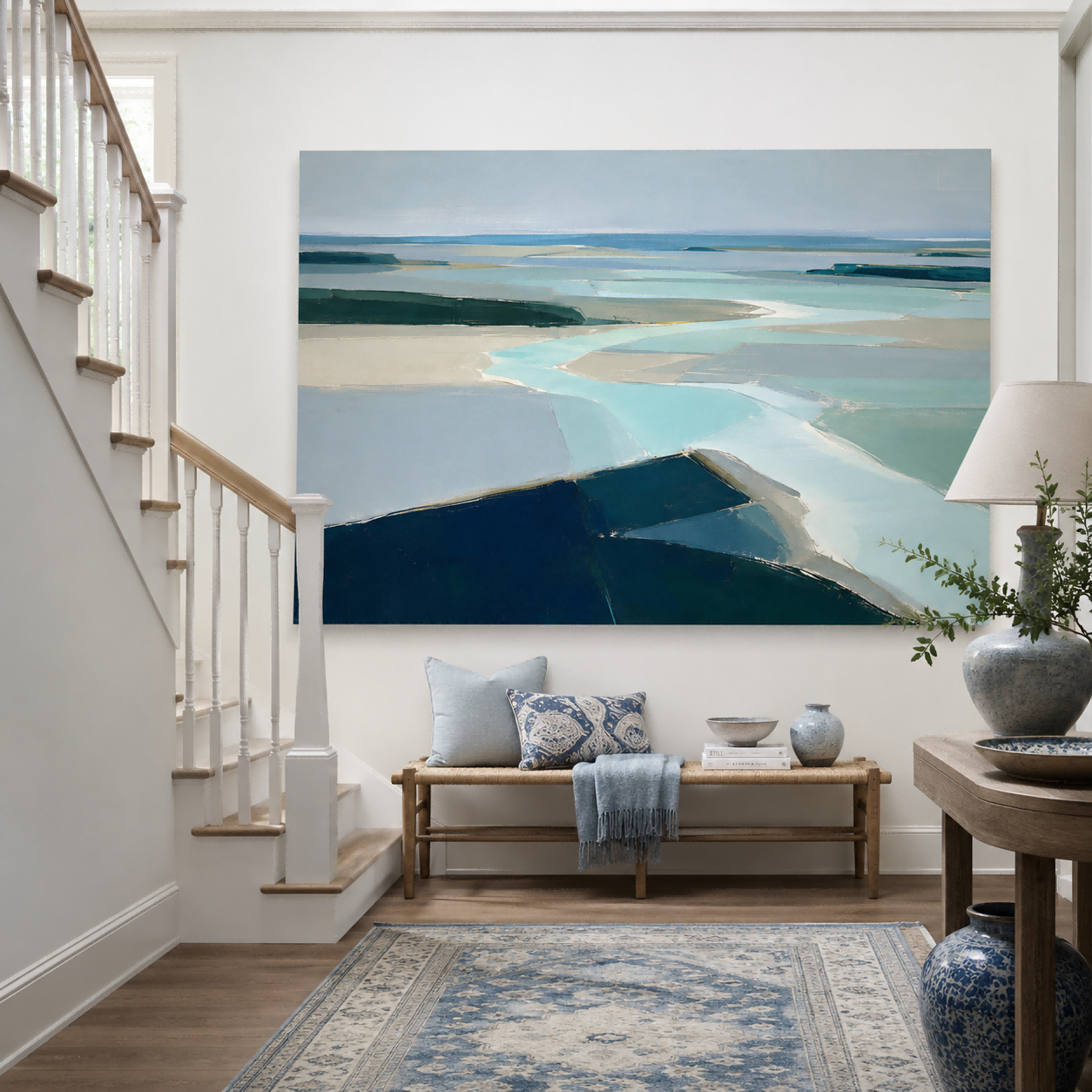 Modern Abstract Landscape Painting With Cool Blue Tones For Living Room Decor