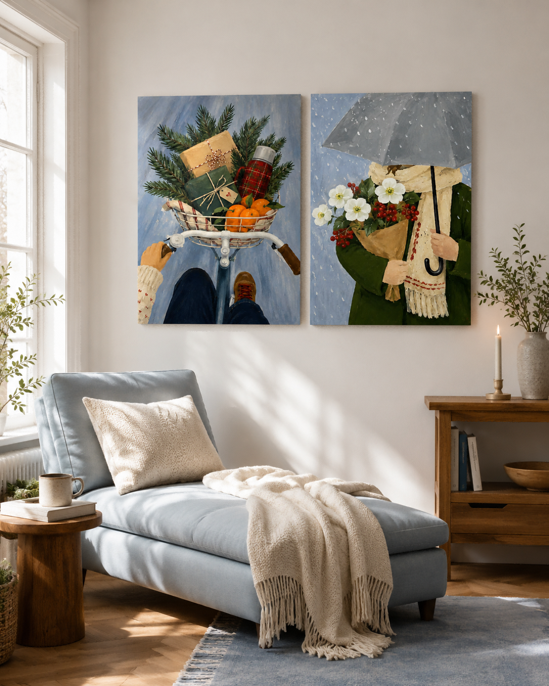 Hand-Painted Winter Scene Diptych With Bicycle And Flowers Canvas Art