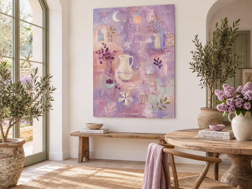 Romantic Vintage Geometric Abstract Painting In Soft Morandi Purple Tones