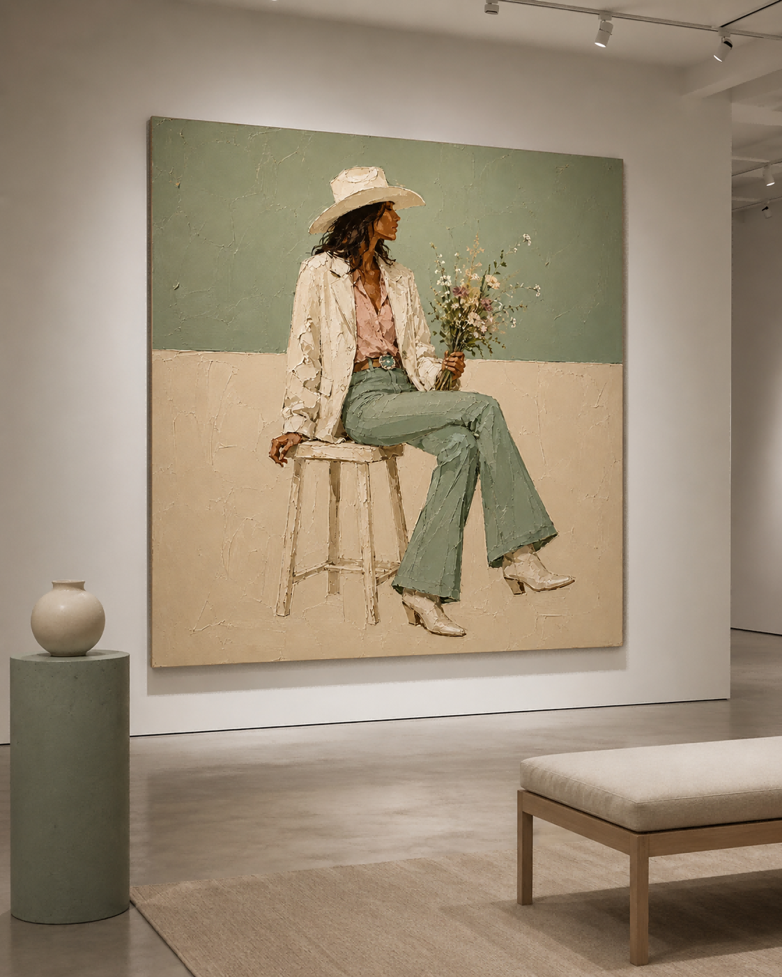 Stylish Cowboy Woman Portrait With Wildflowers In Sage Green And Beige Tones For Modern Farmhouse Decor