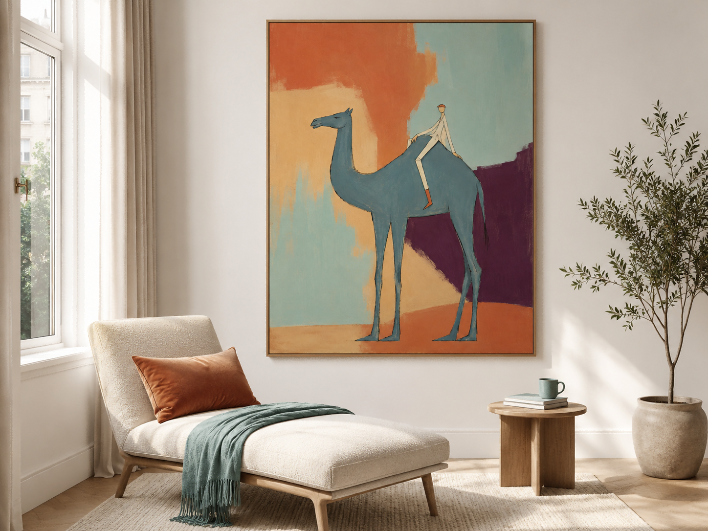 Creative Modernist Figurative Art With Bold Colors And Unique Composition Blue Camel And Rider Abstract Canvas Painting With Color Block Background