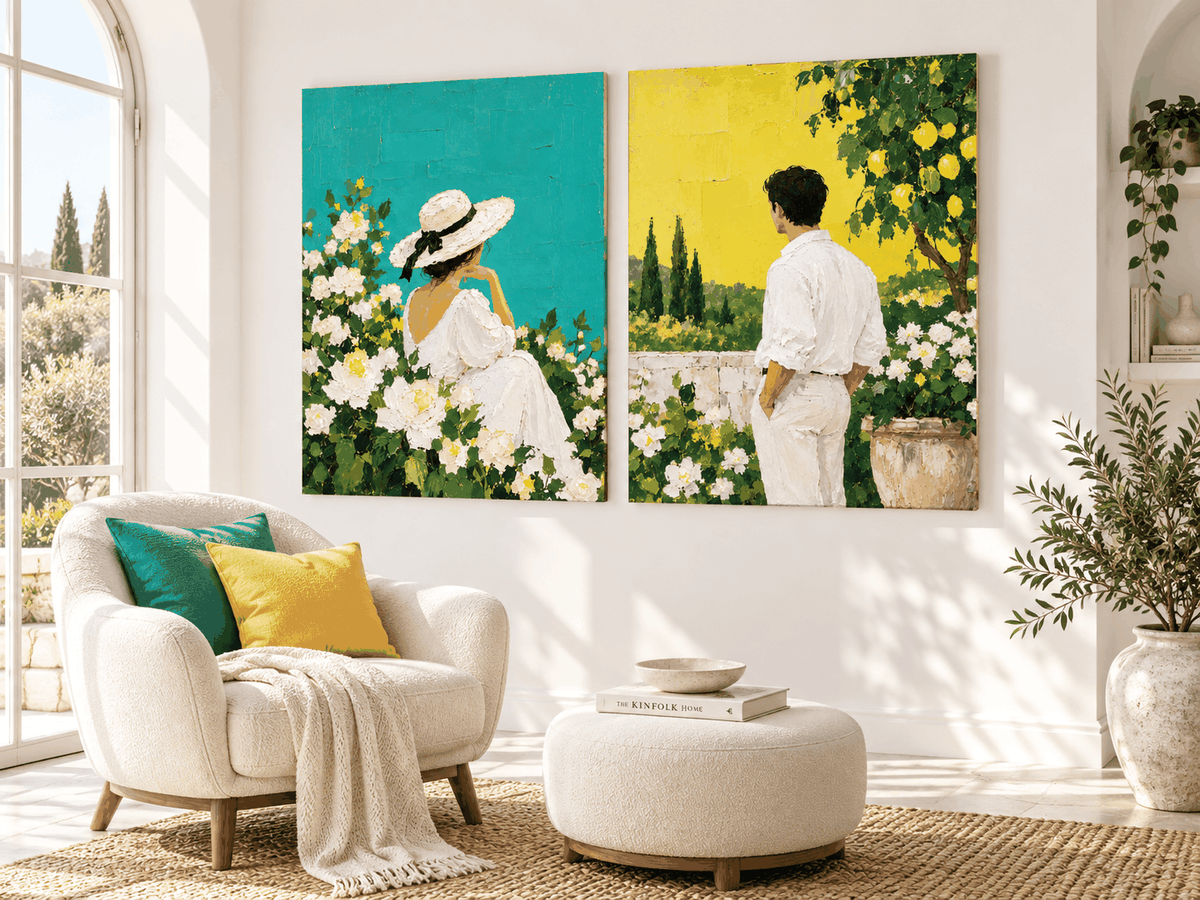 Hand-Painted Couple In Garden Canvas Art With Lemon Trees And Roses