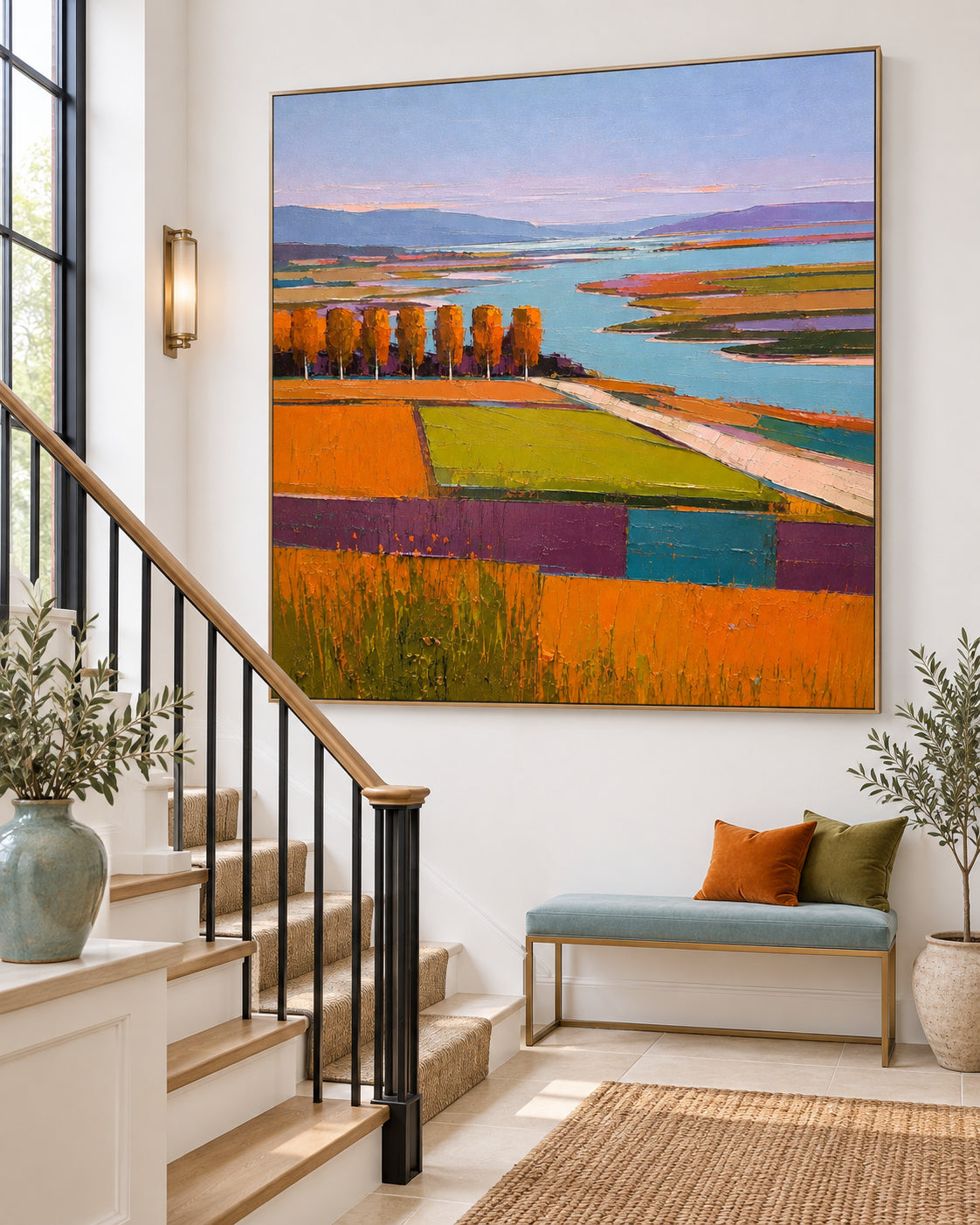 Hand-Painted Autumn Landscape Canvas Art With Golden Fields And Lake