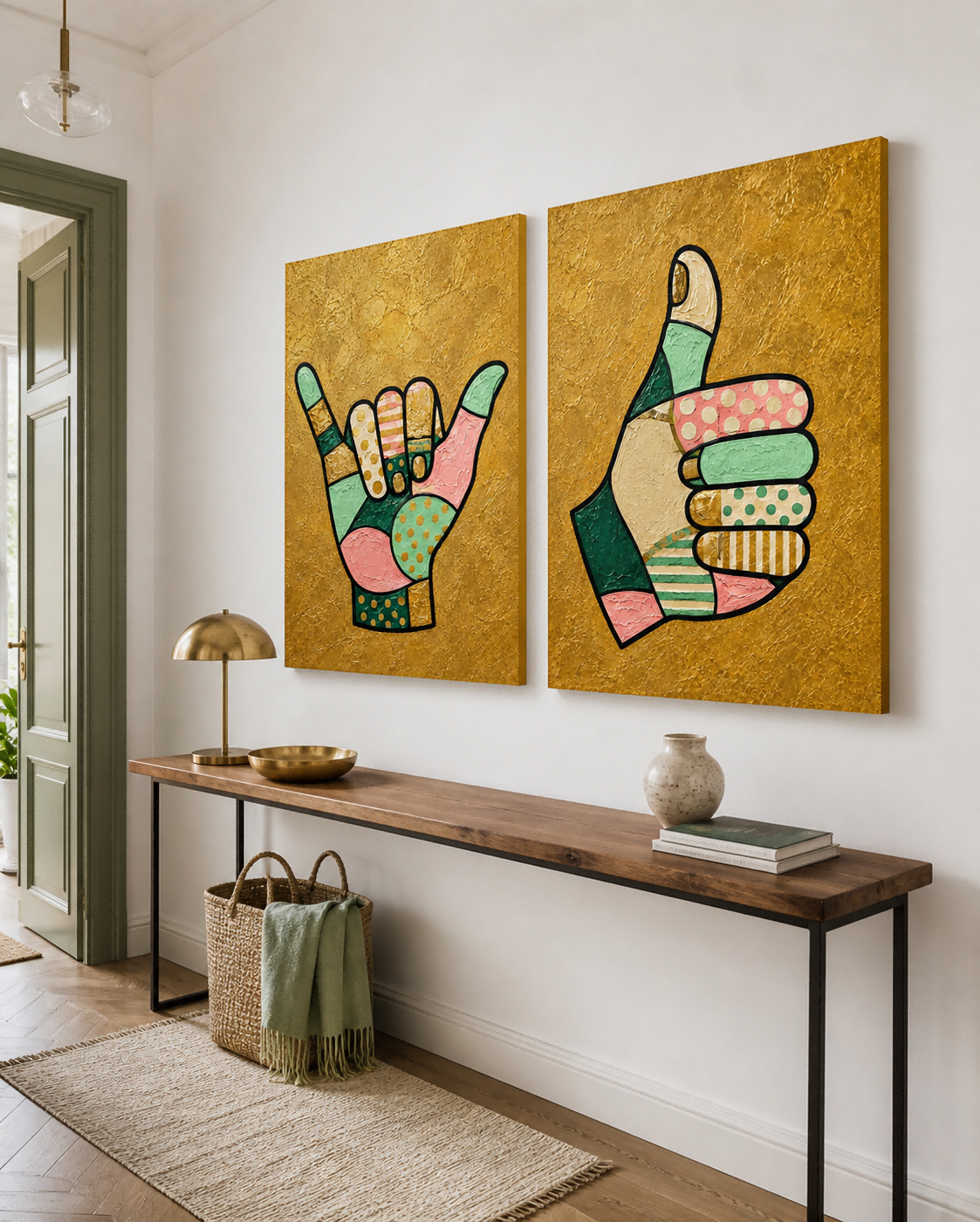 Hand-Painted Shaka And Thumbs Up Canvas Art Set With Gold Background