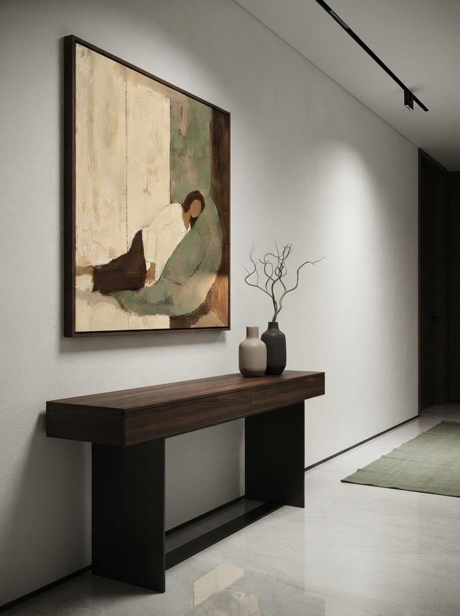 Vintage Minimalist Square Canvas Painting With Soft Beige And Green Tones For Modern Living Room Decor