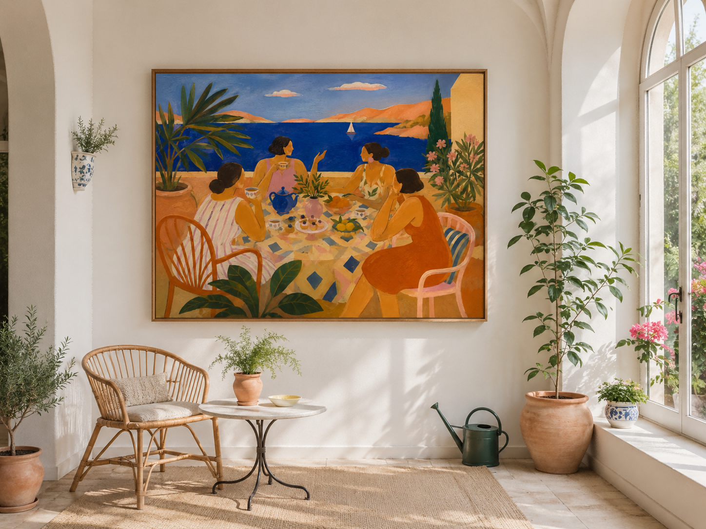 Dreamy Art Deco Style Painting Of Coastal Leisure And Elegant Tea Time