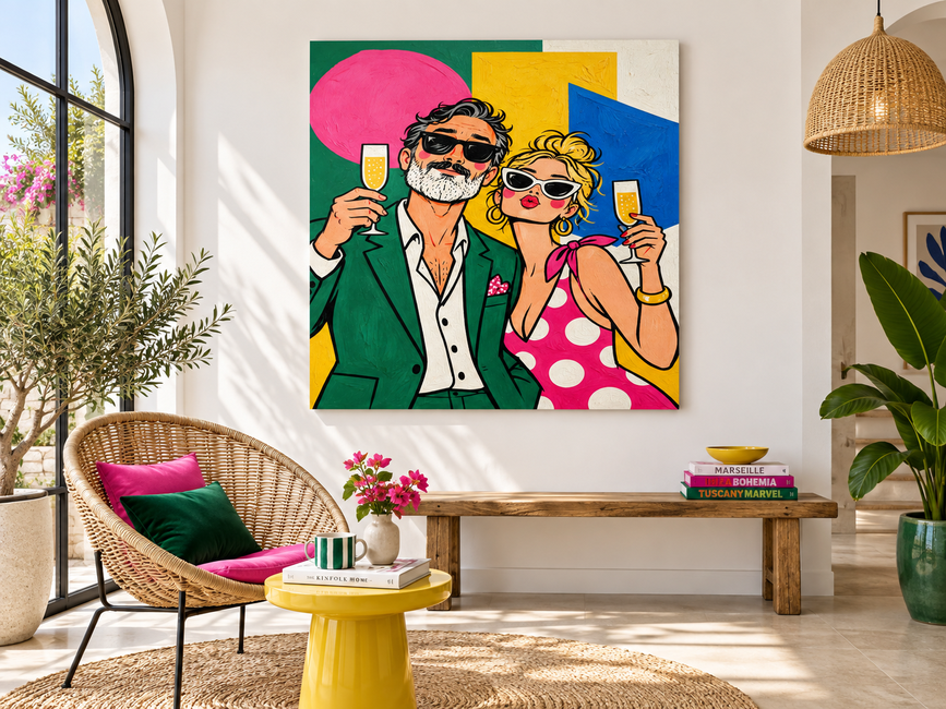 Stylish Couple Pop Art Canvas Painting With Champagne Glasses In Pink And Green
