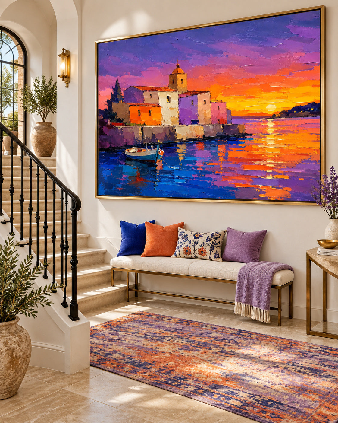 Mediterranean Harbor Sunset Hand-Painted Canvas Art With Vibrant Purple And Orange Tones