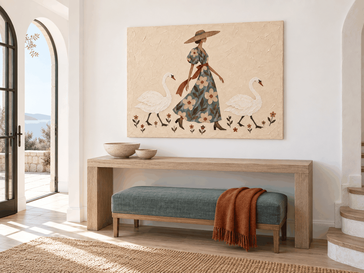 Lady With Swans Hand-Painted Canvas Art In Sage Green And Beige
