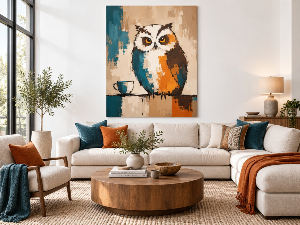 Minimalist Textured Canvas Art With Retro Color Block Design And Owl Theme