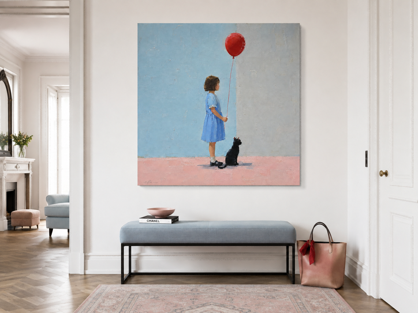 Modern Figurative Wall Art For Living Room Blue Pink Gray Color Scheme